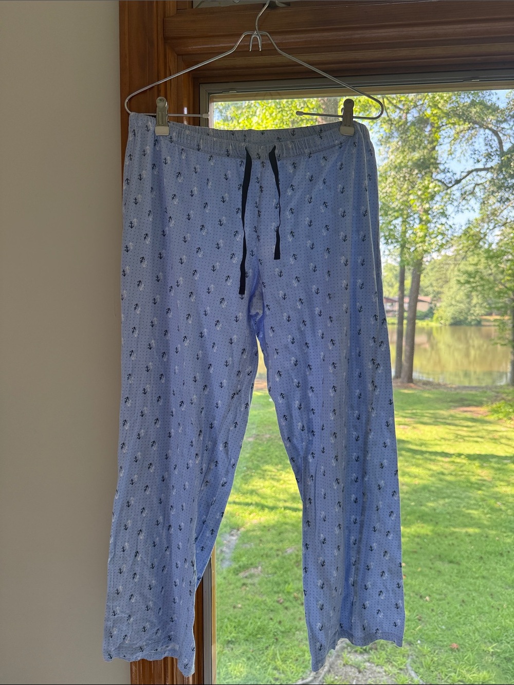 Ladies Nautica Light Blue Anchor-Print Lounge Pants with Navy Drawstring